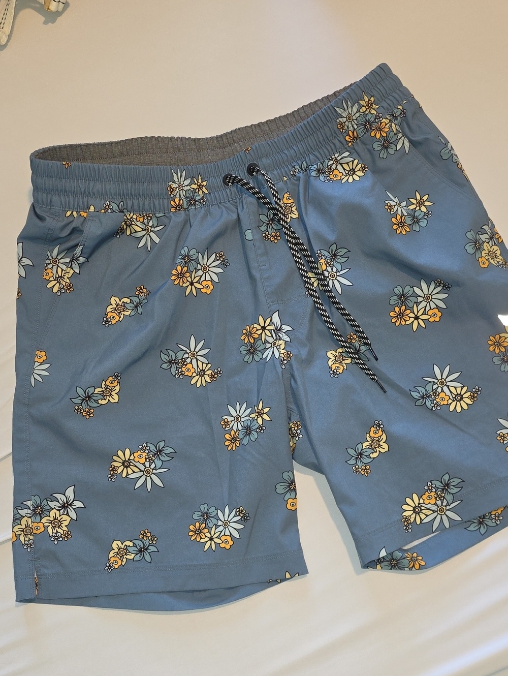 Hurley Light Blue Floral Swim Trunks with Yellow Flowers
